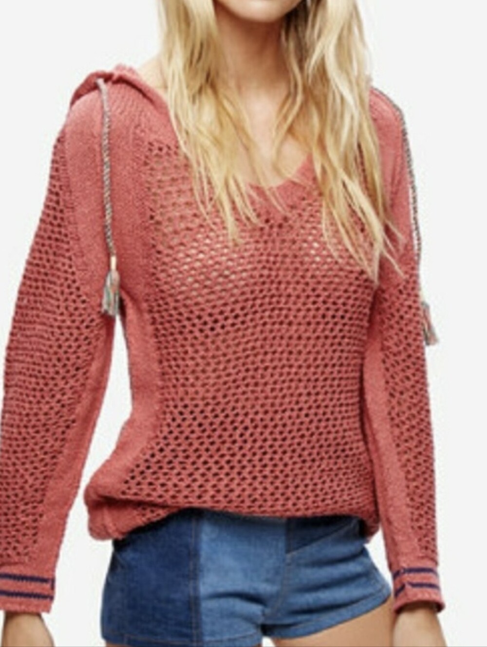 Free People Women's Shadow Stripe Mesh Tunic Hoodie Washed Salmon Size M Boho
